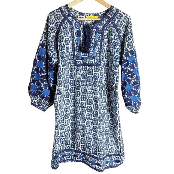 Roberta Roller Rabbit Blue Block Print Embroidered Long Sleeve Tassel Mini Dress - Picture 1 of 11